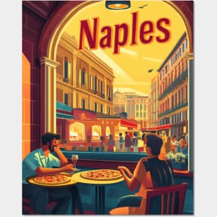 Two people savor delicious pizza at an outdoor cafe in Naples, surrounded by lively streets and beautiful buildings as the sun sets, Posters and Art
